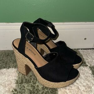 Sun + Stone Black Suede Raffia-Wrapped Platform Sandals